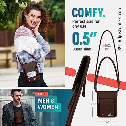 Alpha Keeper Neck Wallet for Travel Man and Women, RFID Passport Holder - color: Brown