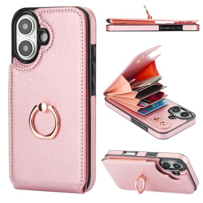 Folosu Compatible with iPhone 16 Case Wallet with Card Holder, 360°Rotation Finger Ring Holder Kickstand, RFID Blocking Leather Protective Double Buttons Shockproof Cover 6.1 Inch Rose Gold - color: Rose Gold