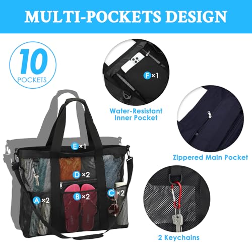 GYEUKHAM Mesh Beach Bag for Women, Sand-Resistant Pool Tote, 9 Pockets (1 Inner Zip), Foldable Family Travel Essentials - color: Extra Large - Black