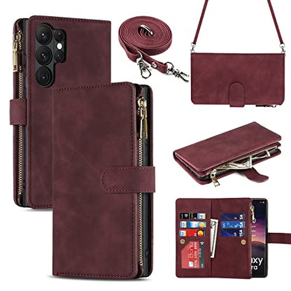 iCoverCase for Samsung Galaxy S23 Ultra Wallet Case with Card Holder, Kickstand Feature PU Leather Case with Adjustable Crossbody Lanyard Magnetic Clasp Zipper Pocket Flip Cover (Claret) - color: Claret, size: Galaxy S23 Ultra