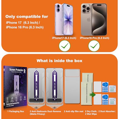 2-Pack Matte Privacy Screen Protector for iPhone 17 & 16 Pro,Anti-Glare & Anti-Spy,Anti-Fingerprint,Smooth as Silk,Easy Installation, Military-Grade 9H Hardness - size: iPhone 17 / iPhone 16 Pro
