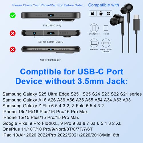 USB C Samsung Earbuds Wired Ear Buds for Samsung Galaxy A16 A17 A36 5G A26 - color: Black