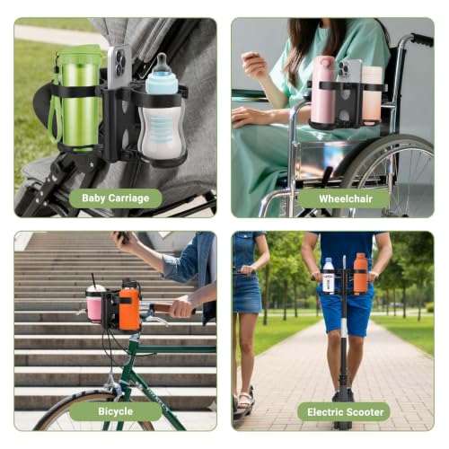 ZealSound Stroller Cup Holder, 3-in-1 Bottle Holder with Phone Holders for Stroller Wheelchair Scooter Walker Bike, Foldable Universal Drink Holder for Uppababy Bugaboo Nuna Doona