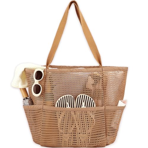 GYEUKHAM Mesh Beach Bag for Women, Sand-Resistant Pool Tote, 9 Pockets (1 Inner Zip), Foldable Family Travel Essentials - color: 6 Pockets-tan