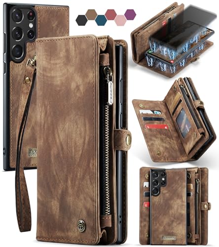 Samsung Galaxy S23 Ultra Wallet Case,Zipper Folio Leather Case Wallet with Card Holder Strap Wristlet Detachable Magnetic Protective Back Case for Samsung Galaxy S23 Ultra 5G 6.8 Inch(Brown) - color: Brown, size: S23 Ultra 5G 6.8 Inch