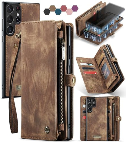 Samsung Galaxy S23 Ultra Wallet Case,Zipper Folio Leather Case Wallet with Card Holder Strap Wristlet Detachable Magnetic Protective Back Case for Samsung Galaxy S23 Ultra 5G 6.8 Inch(Brown) - color: Brown, size: S23 Ultra 5G 6.8 Inch