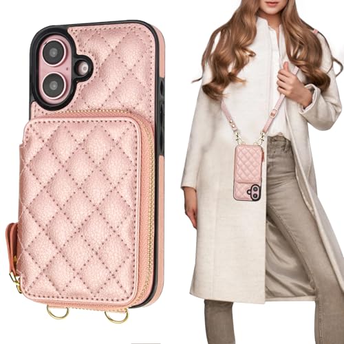 Bocasal Crossbody Wallet Case Card Holder for iPhone 16, Rose Gold | RFID Blocking PU Leather Zipper Handbag Purse, Kickstand Flip Folio Case with Card Slots Holder Wrist Strap Lanyard 6.1 Inch - color: Rose Gold