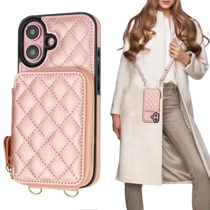 Bocasal Crossbody Wallet Case Card Holder for iPhone 16, Rose Gold | RFID Blocking PU Leather Zipper Handbag Purse, Kickstand Flip Folio Case with Card Slots Holder Wrist Strap Lanyard 6.1 Inch - color: Rose Gold