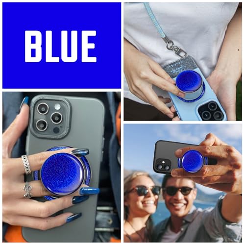Magnetic Phone Grip, Magnetic Collapsible Expandible Mobile Phone Grips Stand Holder for iPhone 17 16 15 14 13 12 Series, Sparkly Transparent Blue