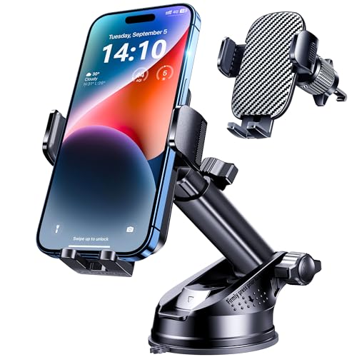 GUWEZ Phone Holders for Your Car [Military Grade Suction Ultra Strong Base] Cell Phone Car Holder 3 in 1 Dashboard Accents/Windshield/Air Vent Hands-Free for Video Installation Kit iPhone Android
