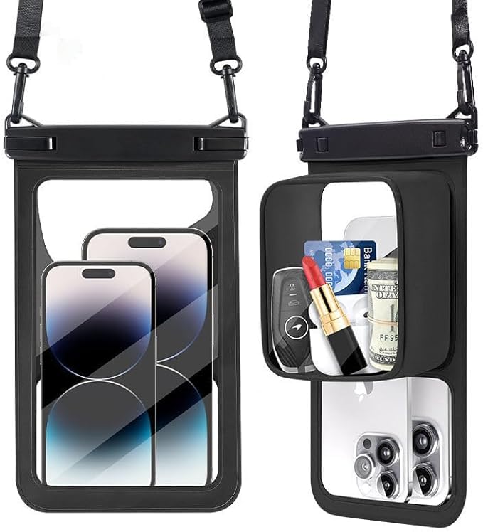 Waterproof Phone Pouch 2 Pack, Floating Dry Bag with Large Storage Pocket, IPX8 Waterproof Case Fits iPhone 16/15/14 Pro Max & Samsung, Touch Screen for Beach, Swimming, Kayaking & Cruise Black