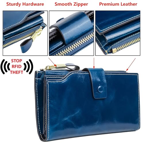 YALUXE Women's Real Leather Wallet RFID Protect 21 Card Slots Phone Pocket - color: 4- Waxed Blue, size: Genuine Leather