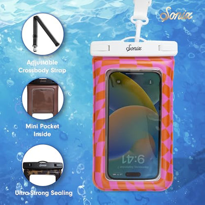 Sonix Waterproof Phone Pouch - Floating Phone Case Dry Bag w/Crossbody Lanyard - Beach Cruise Travel Essentials - Compatible w/All Devices, Touchscreen Friendly | Checkmate Pink/Orange - color: Checkmate Pink/Orange