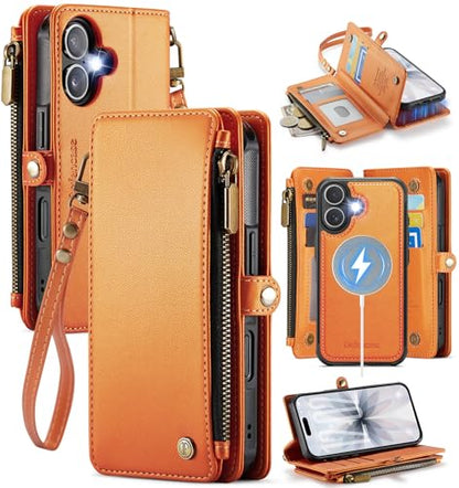 Defencase for iPhone 17 Phone Case Wallet Compatible with Magsafe, Orange | Magnetic Detachable, Drop-Proof Protective Wallet Cases Cover, with RFID Bolcking Card Holder, Zipper Strap, Soft PU Leather - color: (Detachable with Magsafe)-Orange