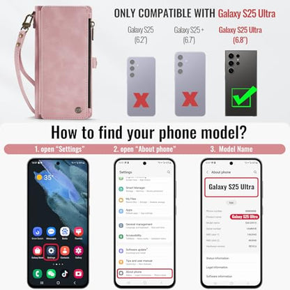 Defencase for Samsung Galaxy S25 Ultra Wallet Case with Card Holder, Pink | with RFID Blocking Zipper Pocket, Durable PU Leather, Wrist Strap, S25 Ultra Flip Phone Cases Cover with Stand for Women Men - color: Airy Rose Pink