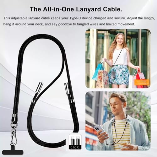 2-in-1 Phone Lanyard USB-C Charging Cable, 60W Fast Charge Braided Crossbody Strap, Adjustable Anti-Lost Cord - color: Black