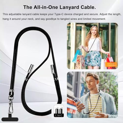 2-in-1 Phone Lanyard USB-C Charging Cable, 60W Fast Charge Braided Crossbody Strap, Adjustable Anti-Lost Cord - color: Black