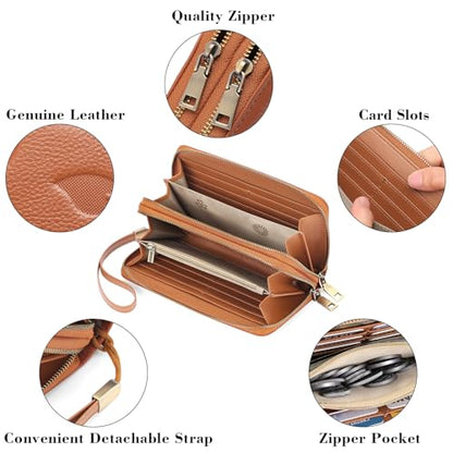 GAEKEAO RFID Leather Wristlet Wallet for Women with Grip Strap | Large capacity clutch wallet, credit card holder, wrist strap, zipper purse, travel and shopping - color: A11 Embossed Brown