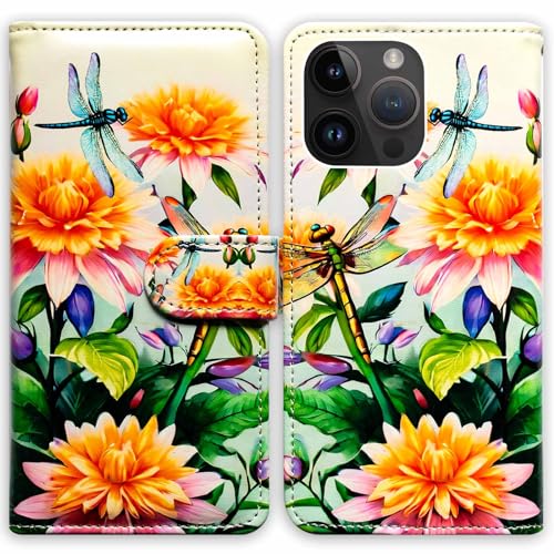 RFID Safe Case for iPhone 15 Pro Max,RFID Blocking,Dragonfly Yellow Flower Leather Flip Phone Case Wallet Cover with Card Slot Holder Kickstand for iPhone 15 Pro Max - color: Dragonfly Yellow Flower