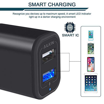 USB Power Adapter, Wall Plug Ailkin 2-Pack 5V/2.1A Fast Charging Cell Phone - color: Black