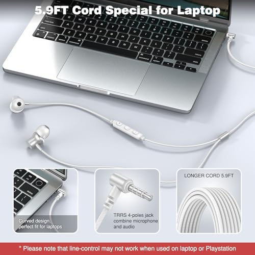 ASKUBSKU 3.5mm Headphones 5.9ft Long Cord Wired Earbuds with Mic, Silver - color: Silver