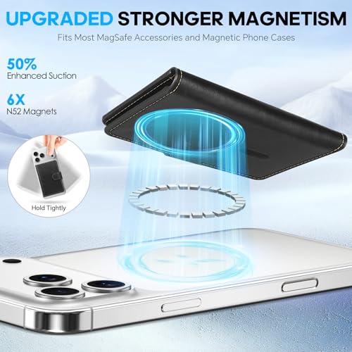 SHIELDON Genuine Leather for Magsafe Wallet, Retro Black | Strong Magnetic, Card Holder, Rfid Blocking, 6 Card Slots, ID Window, for iPhone 17/16/15/14/13/12 Series & Magnet Case - color: Black - Retro
