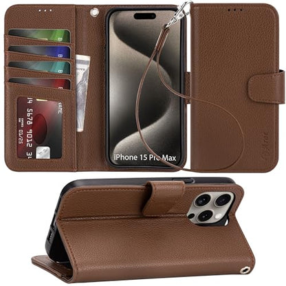 Arae Compatible with iPhone 15 Pro Max Case with Card Holder and Wrist Strap Wallet Flip Cover for iPhone 15 Pro Max 6.7 inch Men RFID Blocking, Wristlet, Kickstand,Litchi Brown - color: Litchi Brown, size: iPhone 15 Pro Max 6.7 inch