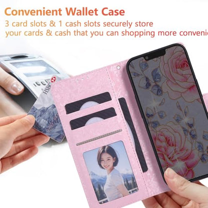 UEEBAI Wallet Case for iPhone 17 Pro, PU Leather Phone Cover Kickstand RFID Blocking Flip Case Card Slots Wrist Strap Relief Engraved Pattern Magnetic Closure Flower Folio Wallet, Purple Rose - color: Purple Rose, size: iPhone 17 Pro