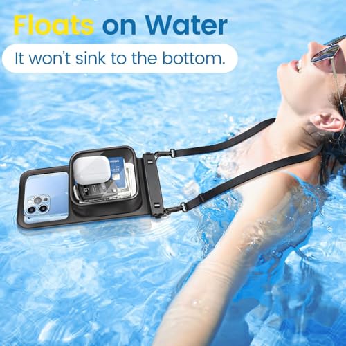 Waterproof Phone Pouch 2 Pack, Floating Dry Bag with Large Storage Pocket, IPX8 Waterproof Case Fits iPhone 16/15/14 Pro Max & Samsung, Touch Screen for Beach, Swimming, Kayaking & Cruise Black