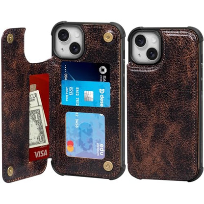 Wallet Real Leather Case Compatible with iPhone 15 6.1" | Genuine Leather,Shockproof, Anti-Fall Case,Flip Cover,with Card Slot,Double Magnetic Buckle,Kickstand,RFID Blocking Coffe - color: Brown Coffee, size: 6.1"-15