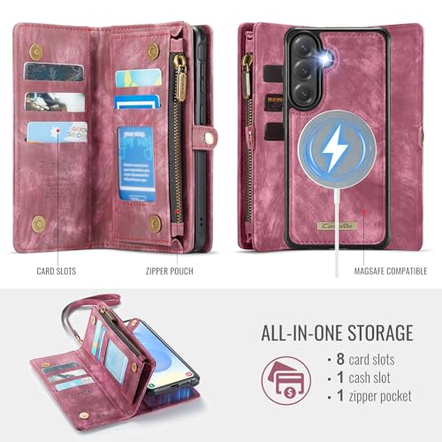 Compatible with Samsung Galaxy S26 5G Wallet Case with Magsafe with Zipper & Card Holder Strap Wristlet Detachable Magnetic Protective Back Case for Samsung Galaxy S26 5G 6.3 Inch (Red) - color: (Detachable and Magsafe)-Red, size: S26 6.3 Inch
