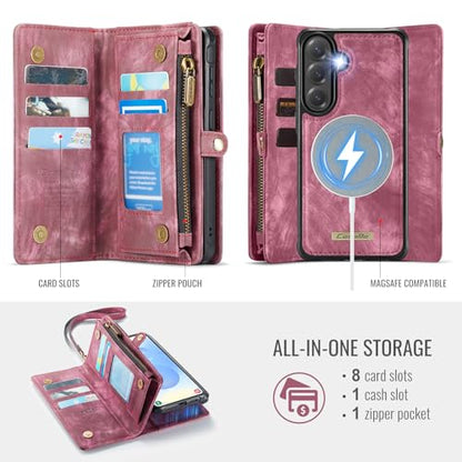 Compatible with Samsung Galaxy S26 5G Wallet Case with Magsafe with Zipper & Card Holder Strap Wristlet Detachable Magnetic Protective Back Case for Samsung Galaxy S26 5G 6.3 Inch (Red) - color: (Detachable and Magsafe)-Red, size: S26 6.3 Inch