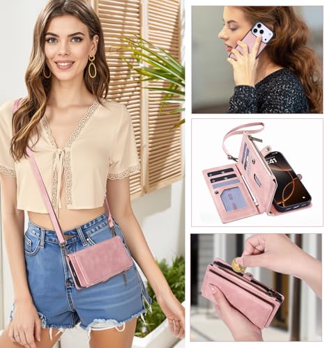 for iPhone 17 Pro Wallet Case, [Compatible with Magsafe] [Magnetic Detachable] [RFID Blocking] PU Leather Case with Card Holder & Crossbody Strap for Women Men, Pink - color: Pink