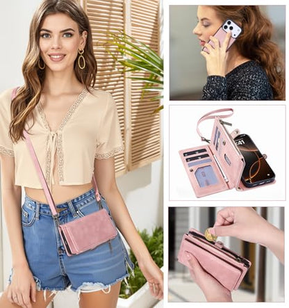 for iPhone 17 Pro Wallet Case, [Compatible with Magsafe] [Magnetic Detachable] [RFID Blocking] PU Leather Case with Card Holder & Crossbody Strap for Women Men, Pink - color: Pink