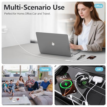 Travel Essentials for Apple Watch Charger,100W 3 in 1 Charger Cable with USB C, Lightning, iWatch Charger for iPhone, MacBook, iPad, Samsung, Google Pixel, iWatch Ultra 1-10 [Apple MFI Certified]