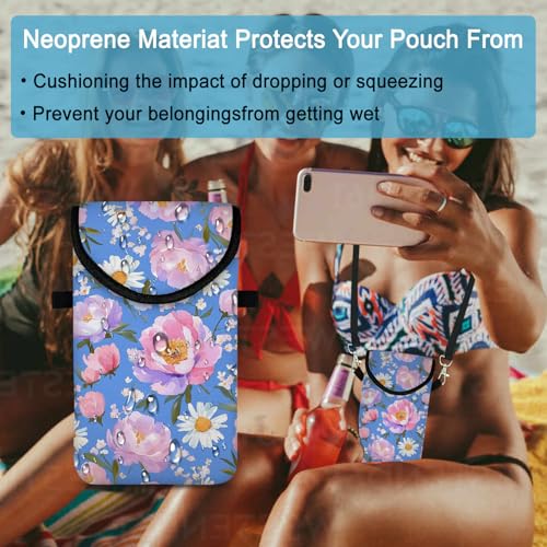 Neoprene Cell Phone Sleeve Pouch Case Bag with Crossbody Strap Neck Lanyard for Women 7.5 X 4.3 in Sky Blue Flower - color: Sky Blue Flower 1