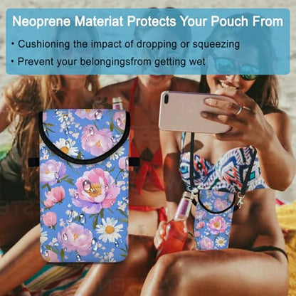 Neoprene Cell Phone Sleeve Pouch Case Bag with Crossbody Strap Neck Lanyard for Women 7.5 X 4.3 in Sky Blue Flower - color: Sky Blue Flower 1