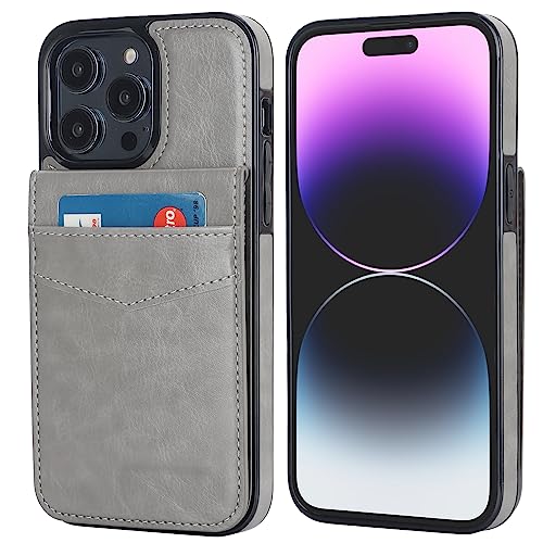 KIHUWEY for iPhone 14 Pro Max Wallet Case Card Holder Kickstand, Gray | Credit Card Slots, PU Leather, Magnetic Clasp, Flip Heavy Duty Protection Cover for Men and Women - color: Gray