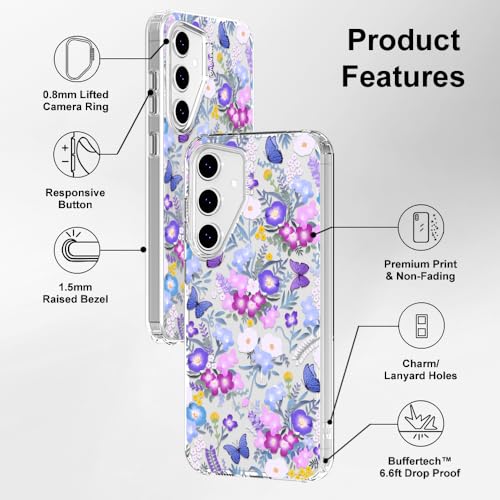 MOSNOVO Case for Samsung Galaxy S24 FE, [Buffertech 6.6ft Military-Grade Drop Protection] [Anti Peel Off Tech] Clear TPU Bumper Phone Case Cover Design - Purple Peri Nemophila Flower - color: Clear - Purple Peri Nemophila Flower, size: Samsung Galaxy S24