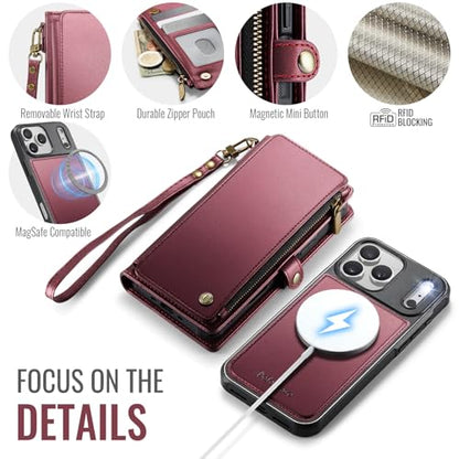 Defencase for iPhone 17 Pro Max Case Wallet Compatible with Magsafe, W-Red | Drop-Proof Magnetic Detachable Phone Cases Cover, with RFID Bolcking Card Holder, Zipper Strap, PU Leather, Removable Wallet - color: (Detachable with Magsafe)-Wine Red