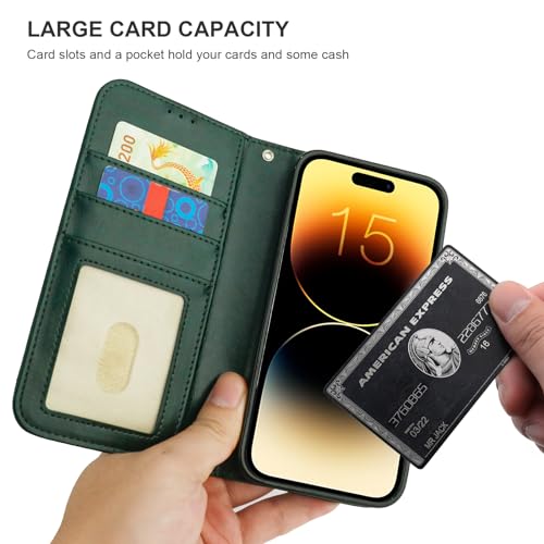 Bocasal Detachable Wallet Case Card Holder for iPhone 15 Pro Max Green | RFID Blocking Kickstand Card Slots Holder PU Leather Magnetic Shockproof Wrist Strap Removable Flip Protective Cover 6.7 inch - color: Green