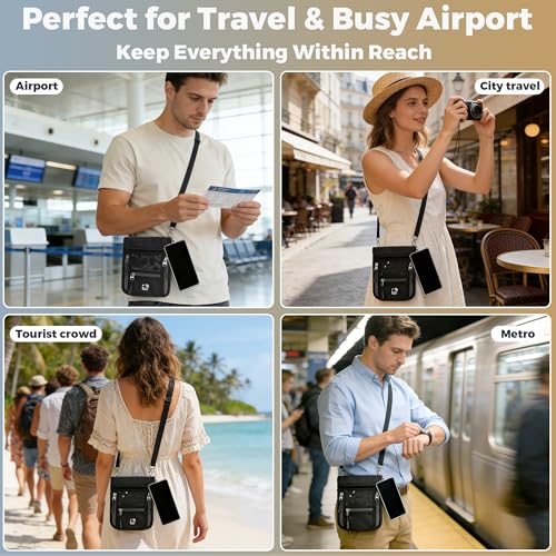 Passport Holder for Travel with Phone Clip, RFID Blocking Neck Wallet, Secure Neck Pouch with Zipper Compartments and ID Window for Men and Women (Black)