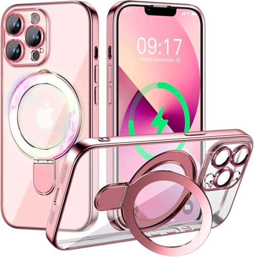 Magnetic for iPhone 13 Pro Case with Invisible Stand[Compatible with MagSafe][Full Camera Lens Protector][Military Drop Protection] Shockproof Not Yellowing Clear Soft Slim for Women Men,Pink - color: Pink, size: iPhone 13 Pro