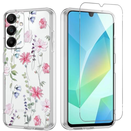 Flower Phone Case Floral for Samsung Galaxy A16 5G 6,7'' with Screen Protector, Clear Transparent Phone Cover Slim Soft Shockproof Anti-Scratch Drop Protection Funda for Girls Women, 02 - color: Flower 02, size: Samsung Galaxy A16 5G