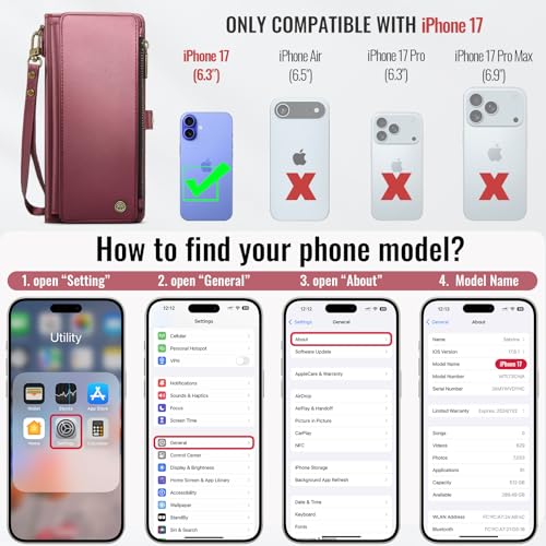 Defencase for iPhone 17 Wallet Case with RFID Blocking Card Holder, WineRed | Durable Soft PU Leather, with Zipper Pocket, Wrist Strap, Fashion Snap Flip Phone Cases Cover with Stand for Women and Men - color: Wine Red