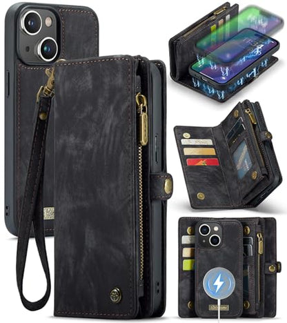 Compatible with iPhone 15 Plus Wallet Case with Magsafe,Black | Magnetic Detachable Case,Card Holder,Zipper Pocket,Strap Wristlet, Soft Leather Drop-Proof Phone Case for iPhone 15 Plus 6.7" - color: Black, size: iPhone 15 Plus 6.7"