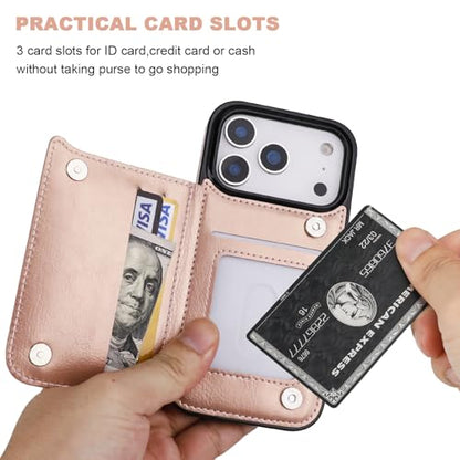 ONETOP for iPhone 17 Pro Wallet Case with Credit Card Holder,Rosegold | Kickstand,ID/Cash Holder,Case Wallet with Card Slots,Double Magnetic Clasp,Durable PU Leather Shockproof Cover for Women Men - color: Rose Gold