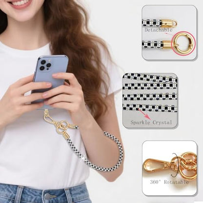 Crystal Phone Lanyard Crossbody Adjustable Rhinestone Anti-Theft Phone Strap Crossbody Cell Phone Neck Strap for Women - color: Black+white