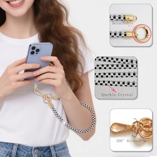 Crystal Phone Lanyard Crossbody Adjustable Rhinestone Anti-Theft Phone Strap Crossbody Cell Phone Neck Strap for Women - color: Black+white