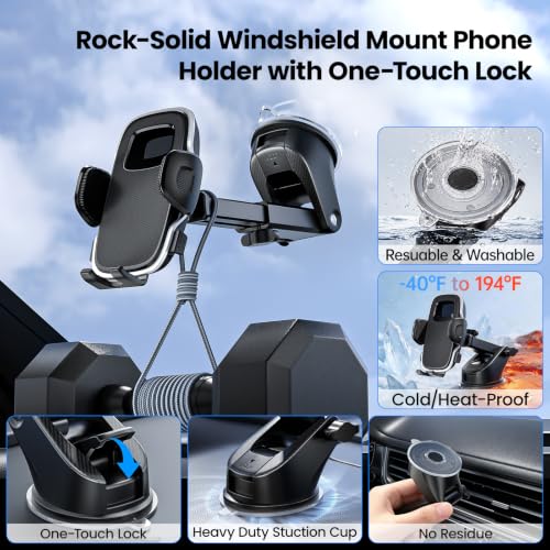 Phone Holders Car Dashboard/Windshield/Vent 3-in-1 Strong Suction Cup Phone Mount for iPhone 17/16/15/14, Samsung Galaxy S25/S24/S23, Thick Case Friendly 360° Rotation Hands-Free Stand
